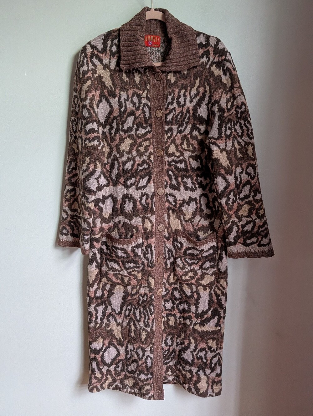 KENZO JUNGLE VINTAGE Animal Print Neutrals Wool Long Lined Cardigan Size Large